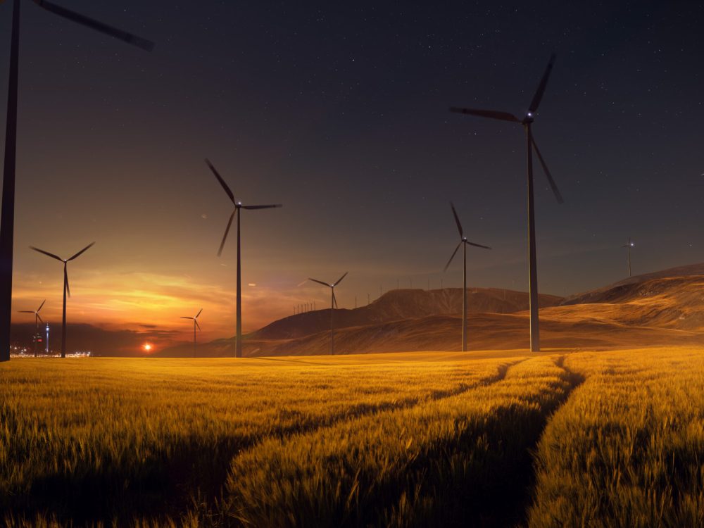 Beautiful,Sunset,Field,With,Wind,Mill,Generators.,Big,City,In